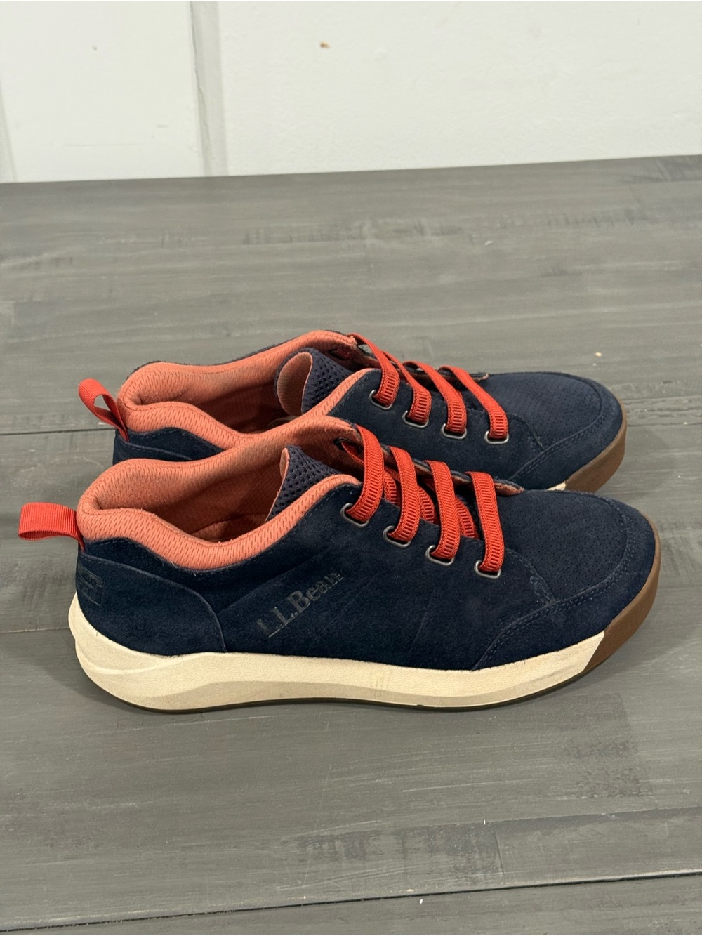 L.L. Bean Navy Suede Sneakers with Coral Accents